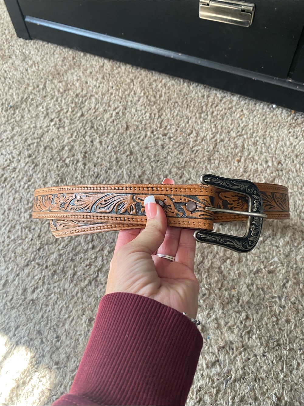 Tooled Leather Women's Belt in Tan with Silver Buckle
